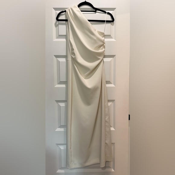 zara cream one shoulder dress - long mesh one shoulder dress ,